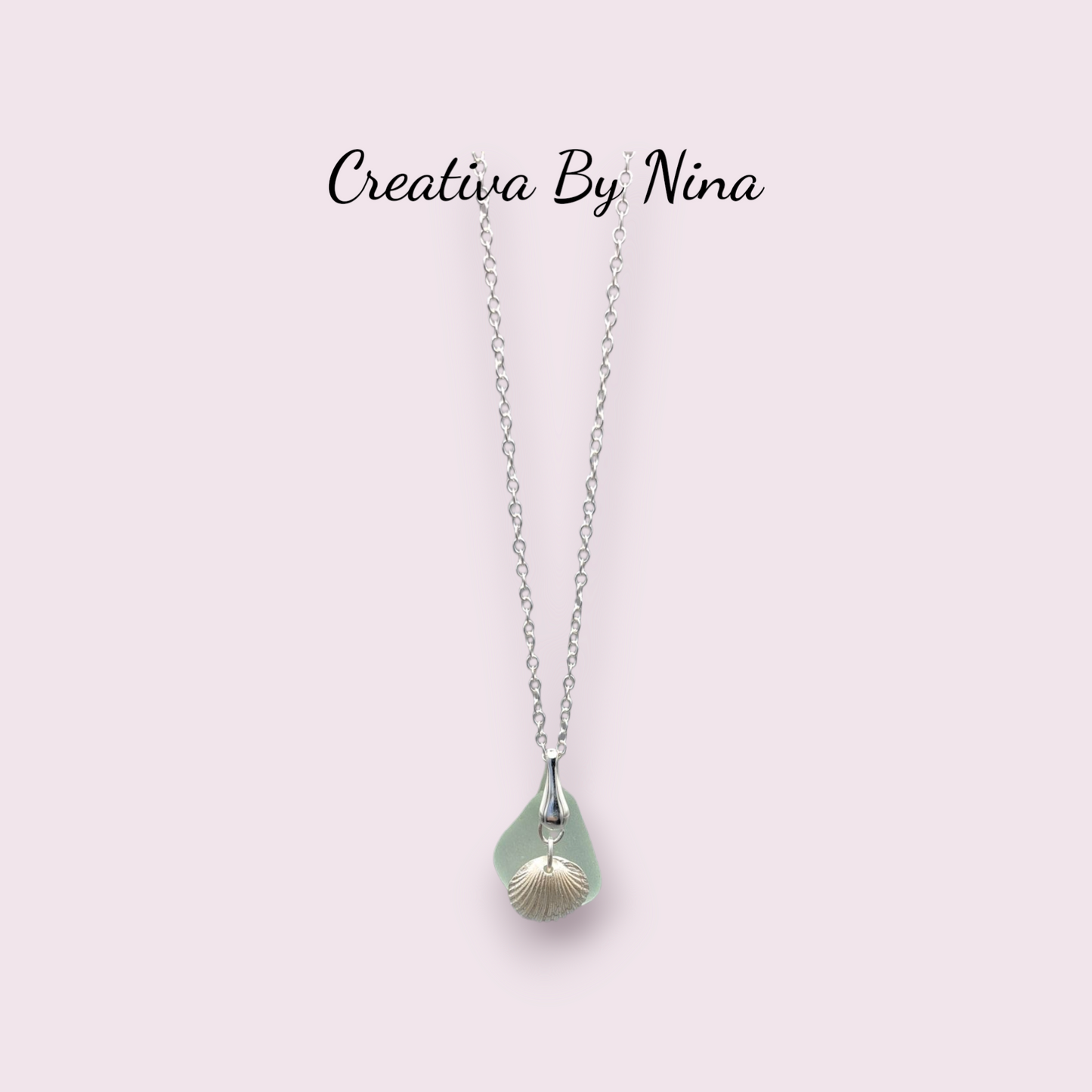 Sea glass and fine silver cockle necklace(sea foam)
