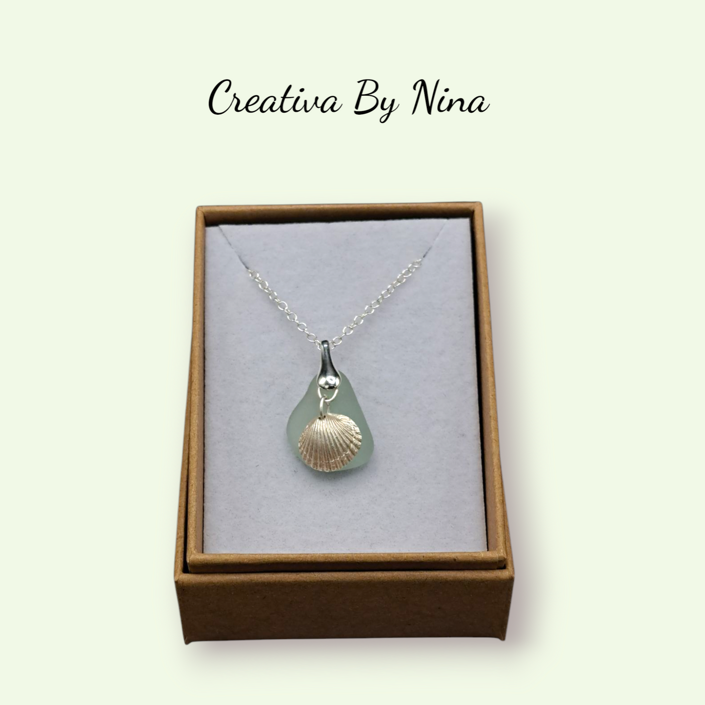 Sea glass and fine silver cockle necklace(sea foam)
