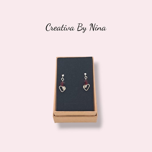 Sterling silver earrings with red preciosa and heart drop
