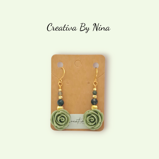 Natural moss agate stone and rose earrings